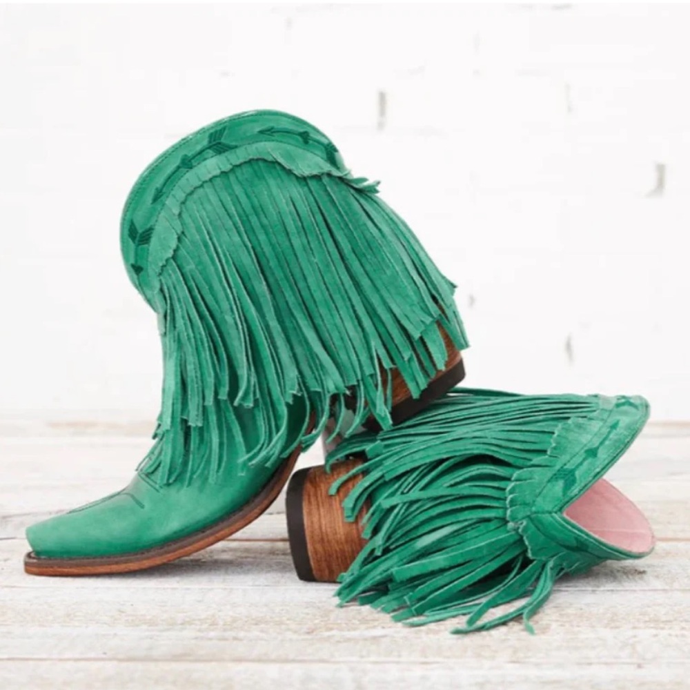 Turquoise fringe booties - Lane Brand by JunkGypsy Size 5